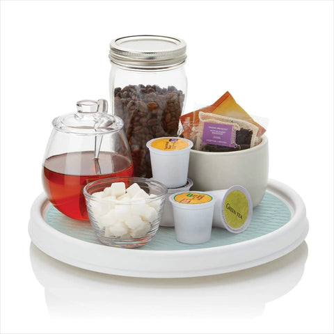 12 Inch Lazy Susan Turntable Organizer Featuring Slick Spinning Heavy Duty Ball Bearings And Nonskid Base For Kitchen Pantry Bathroom Cabinet And Craft Room Storage Tray with tea, coffee, and snacks.