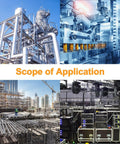 Scope of Application showing industrial machinery, construction site, and event equipment setups for diverse industries.