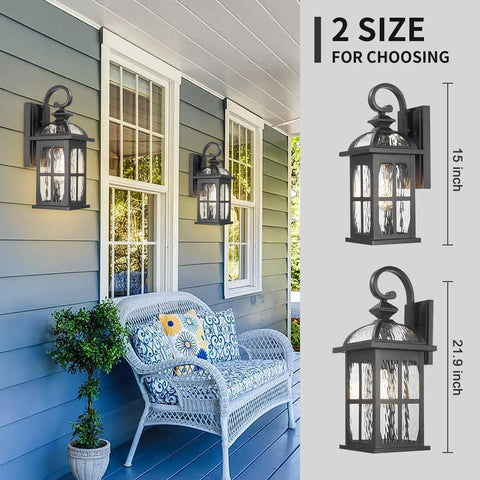 Rock Solid Aluminum Outdoor Wall Light Featuring Slick Water Ripple Glass Exterior Fixture And Helluva Tough Weatherproof Porch Sconce Plus Knockout Doorway Accent For Backyard Or Garage Entry on porch with dimensions shown.