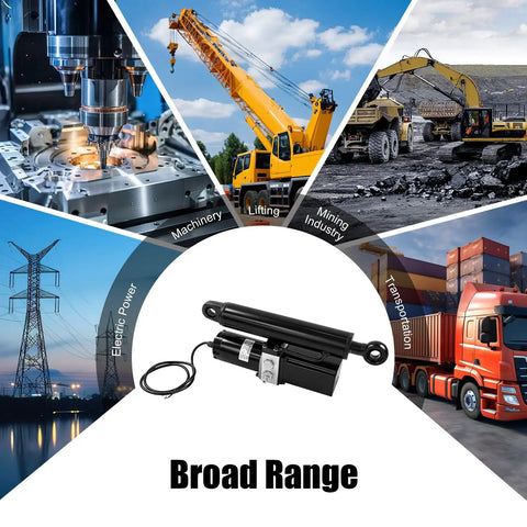 Built Tough 12V Electro Hydraulic Actuator 2 Ton 4409 Lbs Linear Cylinder 200 Mm Stroke shown in machinery and lifting applications.
