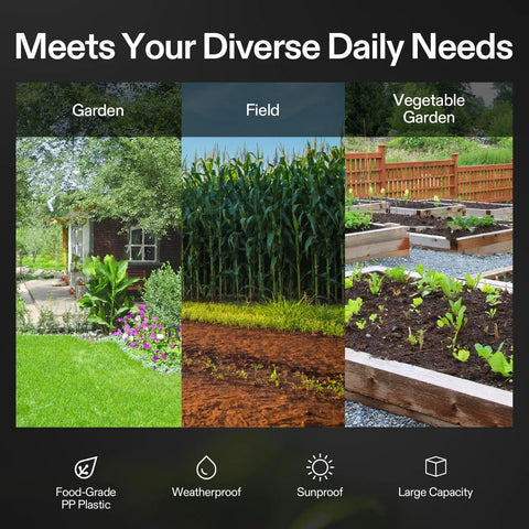 Garden, field, and vegetable garden environments shown to meet diverse needs, highlighting food-grade PP plastic and large capacity features.