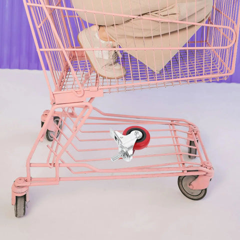 Heavy Duty 3 Inch Swivel Caster Wheels With Threaded Stem Rods 4 Pack attached to a pink shopping cart for smooth mobility.