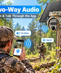 Heavy Duty Camouflage Solar Security Camera Outdoor 6Mp 12X Zoom with two-way audio in forest setting.