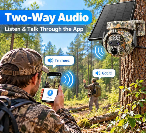 Heavy Duty Camouflage Solar Security Camera Outdoor 6Mp 12X Zoom with two-way audio in forest setting.