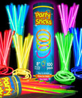 100 Pack 8 Inch Glow Sticks For Parties Lit Water Resistant Neon Light Up Bracelets And Necklaces With Connectors displayed in vibrant colors.