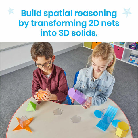 Children using Foldable 3D Geometry Shapes Set for Classrooms, Hands On Geometry Manipulatives for Teaching Shapes at table.