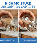 Comparison of spice jar with clumped spices vs. one using Three Hundred Super Handy Color Indicating Silica Gel Desiccant Packets Half Gram Each Packed In Resealable Ziplock Bag Ideal For Spice Jars Vitamin Bottles Seed Envelopes To Keep Stuff Fresh And Dry.