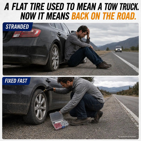Heavy Duty Tubeless Tire Plug Kit With 61 Durable Rubber Repair Nails And Slick Tools for roadside tire repairs.