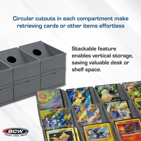 Modular Card Sorting Tray for Collectors and Gamers Expandable Grid Organizer with sports cards in front and stackable trays
