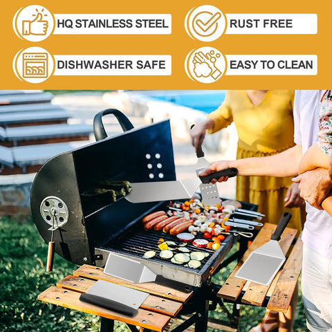 Five Piece Griddle Tools Set For Cast Iron And Flat Top Griddles used on outdoor grill with stainless steel spatulas