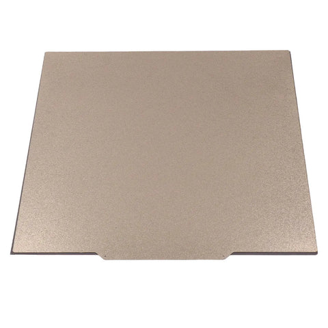 Solid Double Sided Pei Texture Spring Steel Build Plate With Magnetic Base For 3D Printers, 340mm size, smooth gold surface.