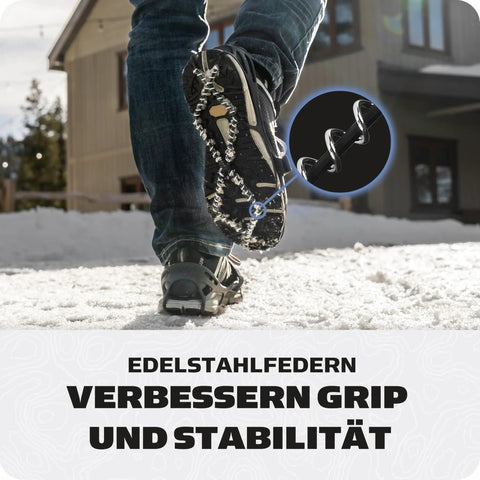 Battle Ready Ice Traction Cleats For Walking Running And Hiking Stainless Steel Spring Coils on shoe in snow.