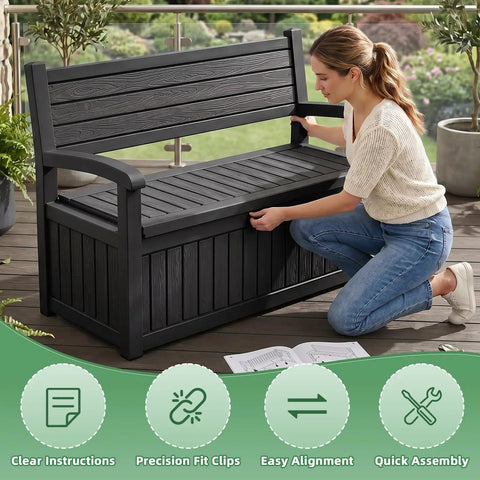 Woman assembling 80 Gallon Outdoor Storage Bench Deck Box Waterproof Resin Lockable UV Resistant Garden Furniture For Porch Patio Poolside Black Cushion Included Weatherproof Durable Easy Assembly For Quick Setup In Any Outdoor Space