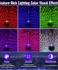 Lit Rotating 6 Inch Mirror Ball Party Light With Motor, showcasing RGBW color modes and lighting effects in the image.