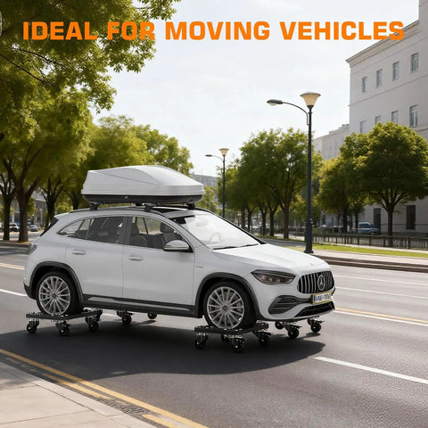 Heavy Duty Set Of 4 Car Wheel Dollies Featuring 6000 Lbs Capacity Tire Skates Cart with a white SUV on dollies outdoors.