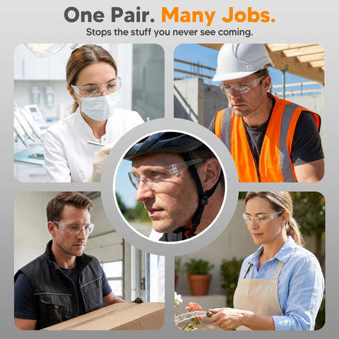 24 Pack Safety Glasses Bulk Haul Featuring Clear Polycarbonate Lenses And Rugged Wraparound Impact Shield Built For Every Shift Job Site And Workshop Eye Defense worn by various workers in multiple settings.