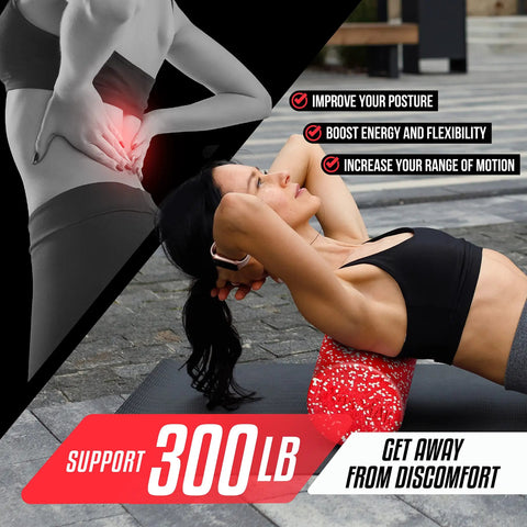 Person using High Density EPP Round Back Foam Roller For Back, Yoga And Pilates - Gym Ready Deep Tissue Massage, Red Snow, 300 lb support.