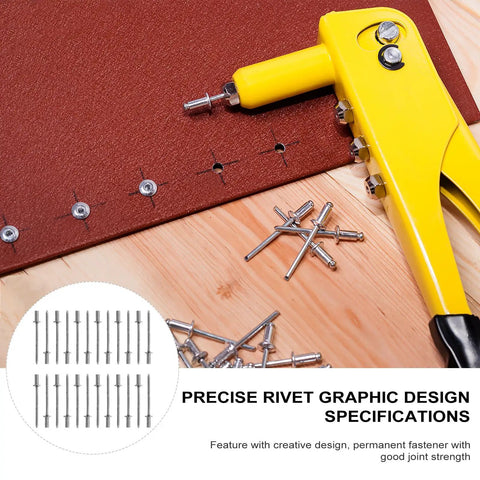 Stainless Steel Blind Rivets 50 Pcs Smooth Head Permanent Fasteners set with yellow rivet tool on wood surface for DIY projects