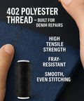 Hand sewing with black polyester thread for denim repair, part of Pink Sewing Kit For Quick Fixes And DIY Projects, No Fuss Beginner Hand Sewing Set With 30 Needles, Thread, Scissors, Pins, And All Essentials For Clothes Repairs, Perfect Gift For Girls Teens Moms Kids