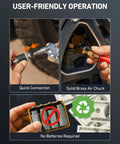 User-friendly operation of Beefed Up Heavy Duty Tire Pressure Gauge with inflator and dual head chuck, quick connect, no batteries.