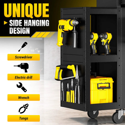 Smooth Rolling 8 Drawer Tool Chest With Nifty Detachable Modular Layout And Secure Locking Drawers For Top Shelf Garage Storage Slick Black Finish showcasing side hanging design with tools.