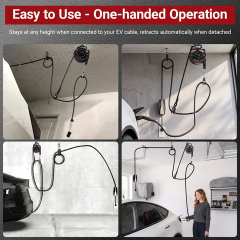 No Sweat Wall Mount Retractable EV Charger Cable Holder Reel Organizer Fits Tesla And Universal Level 2 EV Station in use with one-handed operation.