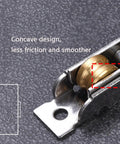Heavy Duty Sliding Door Rollers 88 Type Double Groove Pulley close-up of concave brass wheel in stainless steel track for smooth gliding.