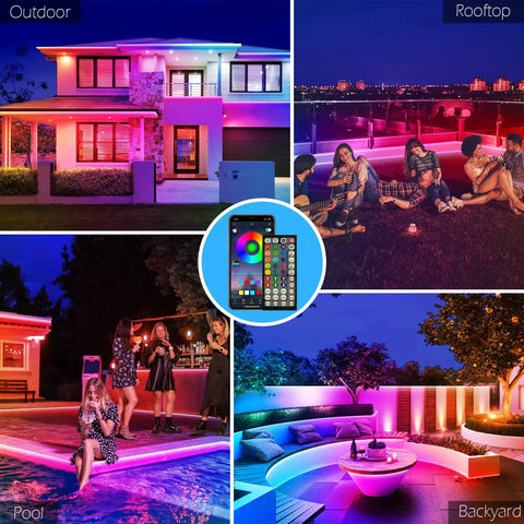 Outdoor Waterproof LED Strip Lights 100 Ft RGB Color Changing With Music Sync IP65 illuminates balcony, pool, backyard, rooftop areas