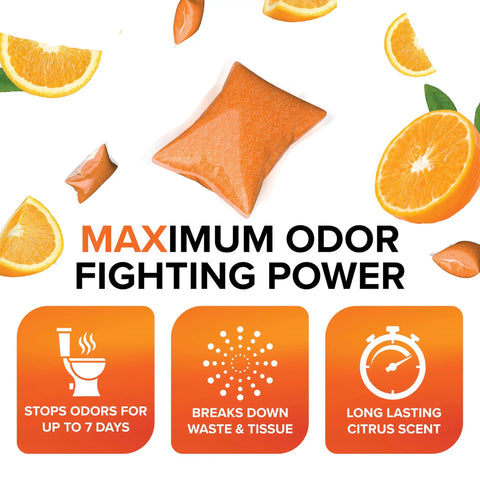 Premium Orange RV Toilet Drops Featuring Reactive Odor Eliminating Technology That Kicks Black Tank Stench To The Curb For A Chill Camper Cleanup A Solid 30 Pack with orange pods and citrus slices.