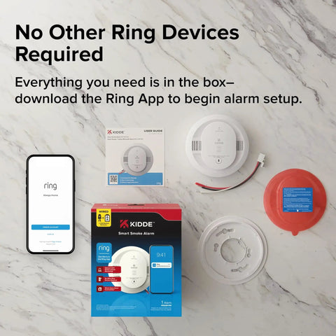 Kick Butt Protection Smart Smoke Detector Hardwired With Battery Backup Ring App Integration real-time alerts setup kit with user guide.