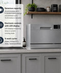 Top Shelf Compact Countertop Dishwasher Featuring Energy Star Efficiency Plus Delay Start Timer With Bright Led Interface Built Different For Small Kitchens Or Apartments To Crush Dirty Dishes Without Any Fuss In Sleek Silver on countertop.