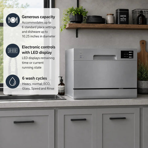 Top Shelf Compact Countertop Dishwasher Featuring Energy Star Efficiency Plus Delay Start Timer With Bright Led Interface Built Different For Small Kitchens Or Apartments To Crush Dirty Dishes Without Any Fuss In Sleek Silver on countertop.