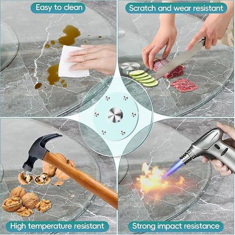 Game Changer Lazy Susan Serving Tray With Whisper Smooth Tempered Glass Top And Beefed Up Aluminum Bearing Base For No Sweat Dining Table Sharing And Hassle Free Entertaining Size Thirty Five Inches Wide with easy to clean features and scratch resistance.