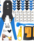 Built Like A Tank Network Tool Kit Set Featuring Cable Tester Heavy Duty Wire Stripper And Cutter Coax RJ45 Crimper Punch Down Driver For Cat5 Cat6 Ethernet Cables Orange, showcasing crimp tool and accessories.