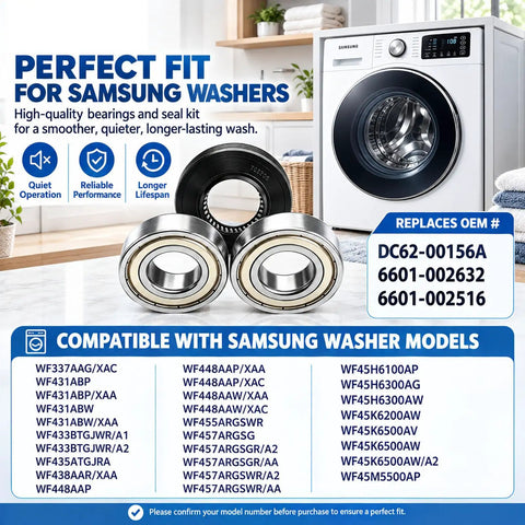 Slap On This Heavy Duty Washer Tub Bearing Seal Kit To Stop Grinding Groans And Drum Leaks Fast Your Machine Will Run Like New For Smooth Quiet Laundry Days Ahead showing front load washer parts and compatibility details.