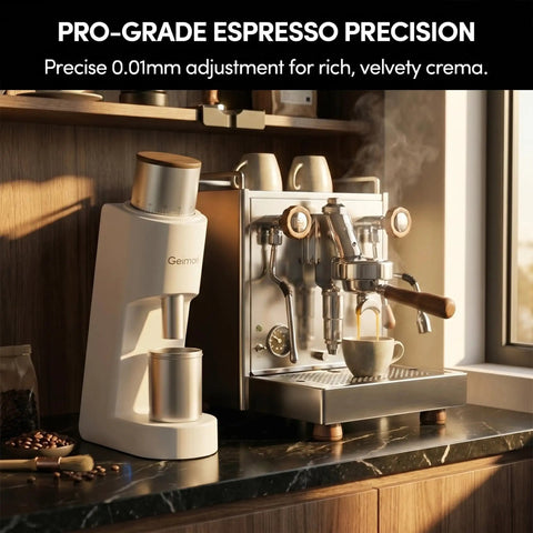 Top Tier Single Dose Coffee Grinder Built For Killer Extraction Features smooth magnetic dosing cup next to espresso machine.