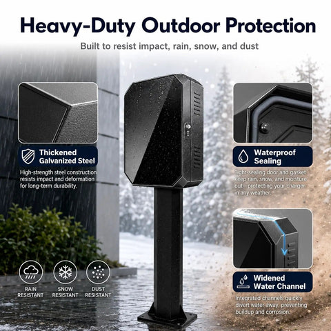 Tough As Nails Galvanized Steel EV Charger Lock Box With Outdoor Pedestal Stand, Hella Weatherproof And Well Vented Cover For Reliable Electric Vehicle Storage And Neat Cord Wrangling, showing thick steel and waterproof features.