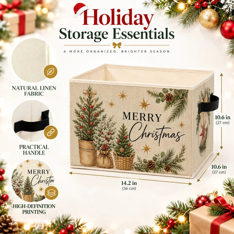Kick Clutter To The Curb With This Foldable Christmas Tree Storage Bin That Squashes Flat, natural linen, 10.6 x 14.2 in, Merry Christmas design.