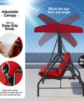 Adjustable canopy of a three-seat patio swing with easy-grip knob for sunshade, highlighted in use by person reclining, in burgundy color.