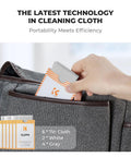 K&F Concept 6-pack microfiber lens cleaning cloths, white/gray; front view with hand pulling one from a bag pocket.