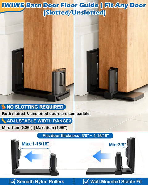 Space Saving Sliding Barn Door Bottom Floor Guide Kit With Wall Mount, Adjustable U Shape Flush Design, Black Finish