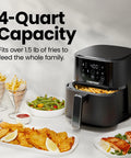 Compact Four Quart Air Fryer With Digital Touchscreen And Four Smart Presets produces crispy fries and chicken on a stylish kitchen countertop.