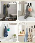 Tough As Nails Zinc Alloy Folding Wall Hooks Space Saver Flip Down Design For Coats Bags Hats And Keys Zero Clutter Vibe Six Pack displayed in entryway and kitchen settings.