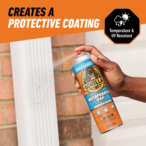 Hand holding Clear Rubberized Waterproof Sealant Spray 14 Ounce That Seals Out Water Air And Moisture with spray aimed at gutter