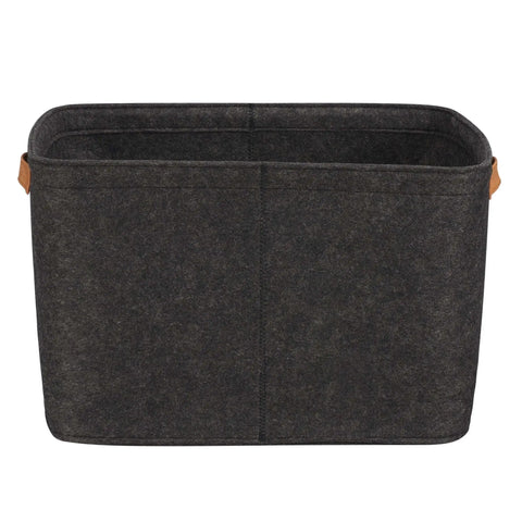 Hella Spacious Rectangular Felt Storage Basket With Faux Leather Handles, Collapsible Gray Organizer Bin For Toys Gear And Linens, front view.