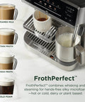 Fully Automatic Espresso Machine With 10 Custom Options And Built In Grinder pours creamy steamed milk for cappuccinos and lattes.