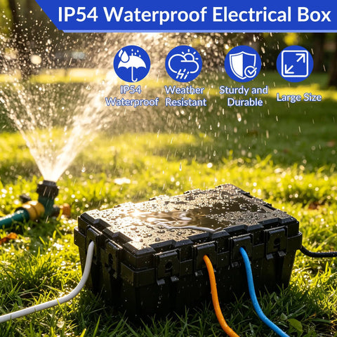 Waterproof Outdoor Electrical Box Heavy Duty Cover For Extension Cords And Holiday Lights With Tight Port Seals, shown on wet grass.