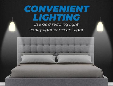 Battery Powered Wall Sconce 2 Pack LED Wireless Plugless Lights With 4 Hour Auto Shut Off 100 Lumen Output Easy Install Bronze Plastic Finish No Outlet Needed Anywhere shown above a bed