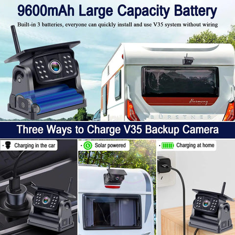 Wireless Backup Camera With Solar Magnetic Mount And 1080P HD Rear View Display For Pickup Truck And Camper Van Featuring No Drill Nonsense And All Day Power On The Road, showing 9600mAh battery and charging options.