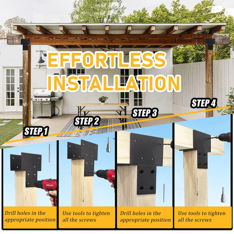 Step-by-step guide to installing Beefy 4x4 Post Brackets Kit for wood posts and beams, shown in use on a pergola.